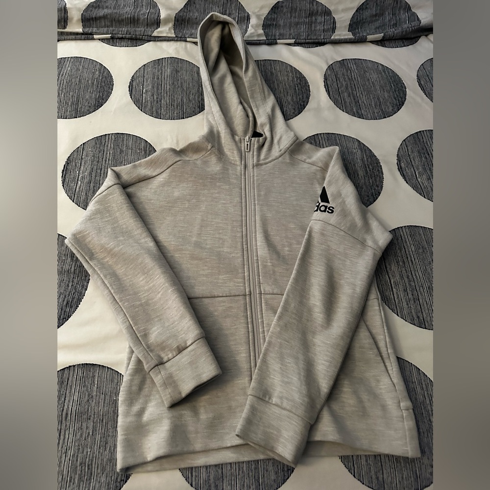 Lightly Worn Grey Zip-Up Adidas Hoodie with Left Arm Logo Detail - Size Small